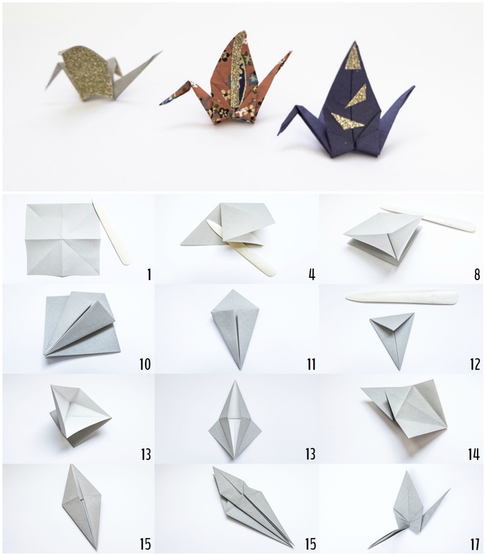 tuto origami oiseau facile, trois modèles de grue en papier pour réaliser ses propres breloques pour bijoux de fantaisie