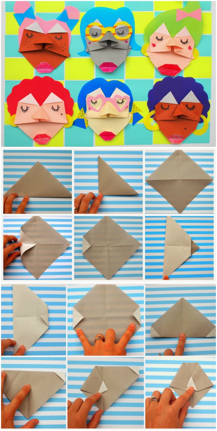  un bricolage origami enfant facile avec des feuilles de papier transformées en visages originaux de personnages variés