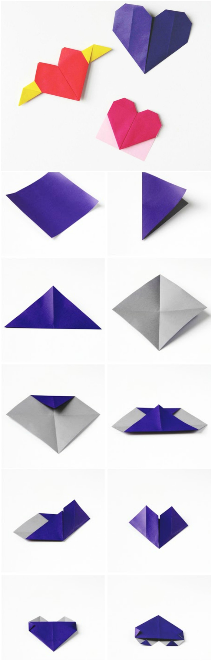 trois façons de réaliser un coeur origami décoratif avec les étapes de pliage papier en photos
