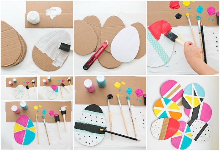 comment créer des oeufs de paques en papier carton ondulé avec de divers motifs en peinture, idée d activité manuelle pour enfant
