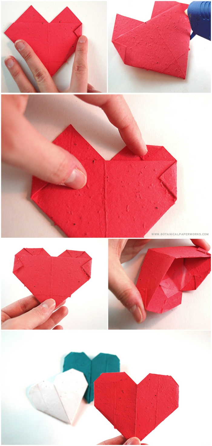 jolie boîte à graines en carton, en forme de coeur réalisée en quelques étapes de pliage papier facile