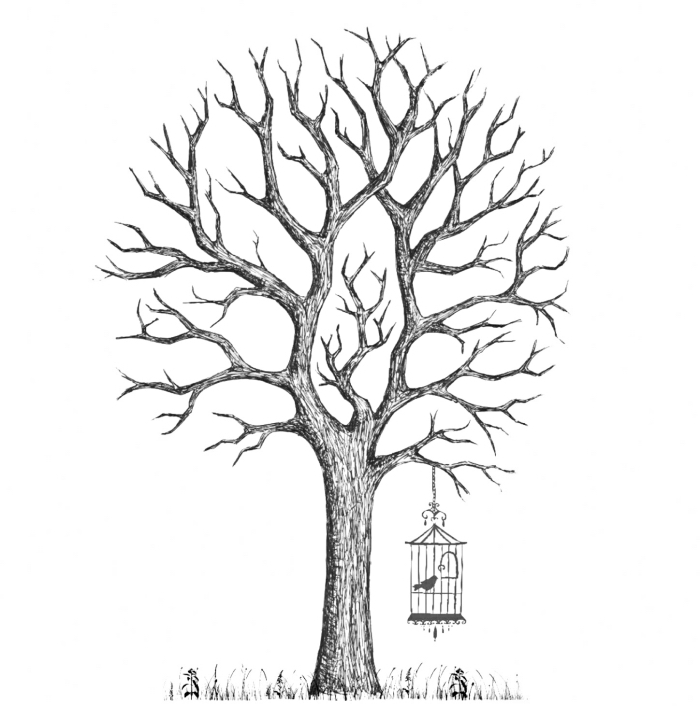 comment dessiner un arbre vierge sans feuillage avec cage oiseau et gazon, art du papier avec joli dessin à design naturel