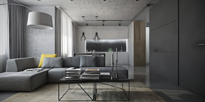 canapé couleur gris anthracite, table basse noire en métal, tapis gris clair, salon ouvert sur cuisine blanche classique