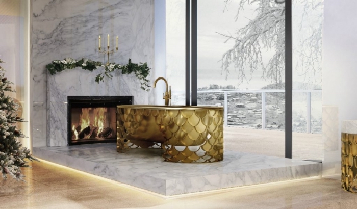 déco luxueuse dans la salle de bain avec revêtement en marbre blanc et éclairage néon jaune, modèle de baignoire autonome dorée