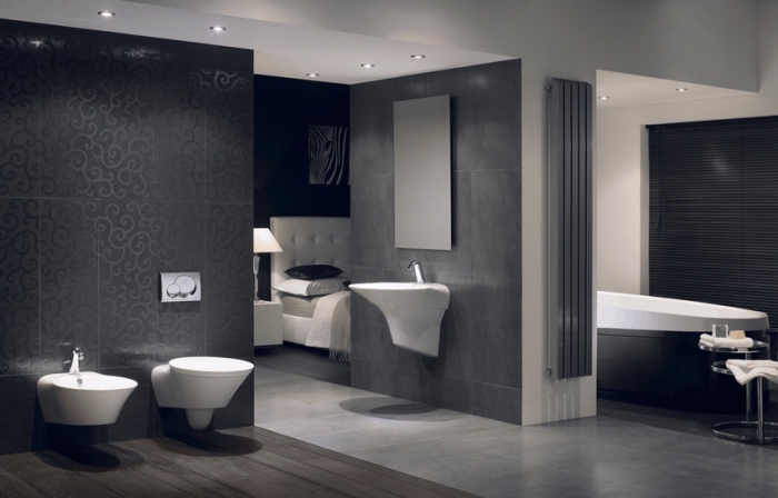 déco en couleurs foncées dans une salle de bain ouverte vers la chambre, déco en blanc et gris anthracite pour un intérieur luxueux et moderne