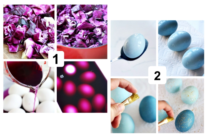 casserole-technique-de-decoration-paques-facile-coquille-blanche-oeufs-chou-rouge-peinture-bleue-effet-ombré-spray-doré tutoriel pour faire une decoration paques facile, comment peindre les oeufs avec chou rouge et vinaigre, étapes à suivre pour teindre les oeufs de paques