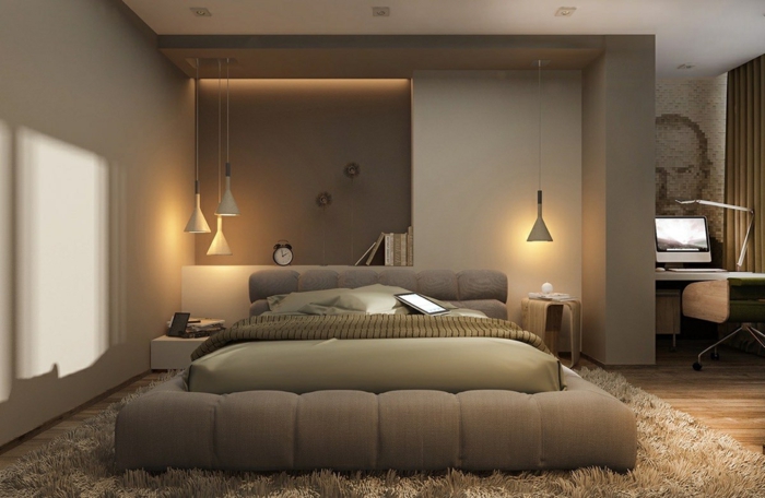 bureau sur mesure, lit et tapis beige, rangement mural intégré, lampes suspendues