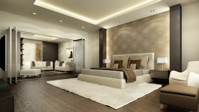 faux plafond lumineux, tapis blanc, meubles en couleur taupe, plancher en bois, 