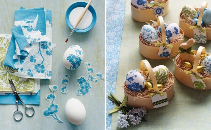 tutoriel pour faire une décoration sur coquille blanche avec colle et serviette blanc et bleu foncé à design florale