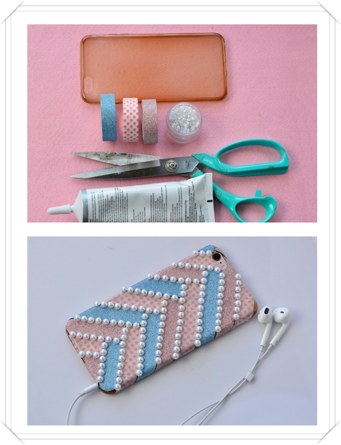 matériaux pour faire une décoration moderne de coque portable avec ruban adhésif en rose et bleu et petites perles blanches