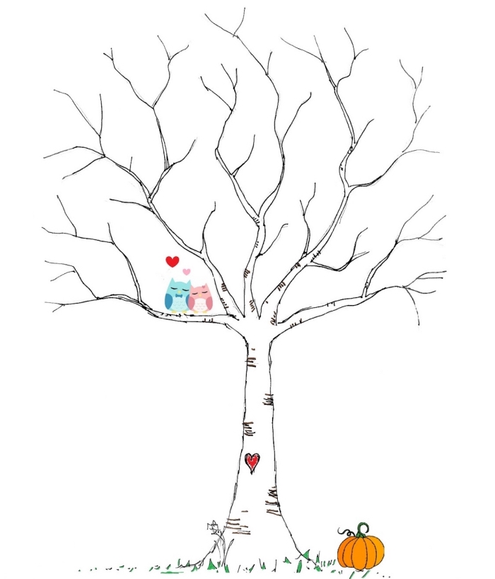 dessin blanc et noir avec couple oiseaux en couleurs et petit coeur rouge sur le tronc à piquer pour un souvenir de mariage DIY