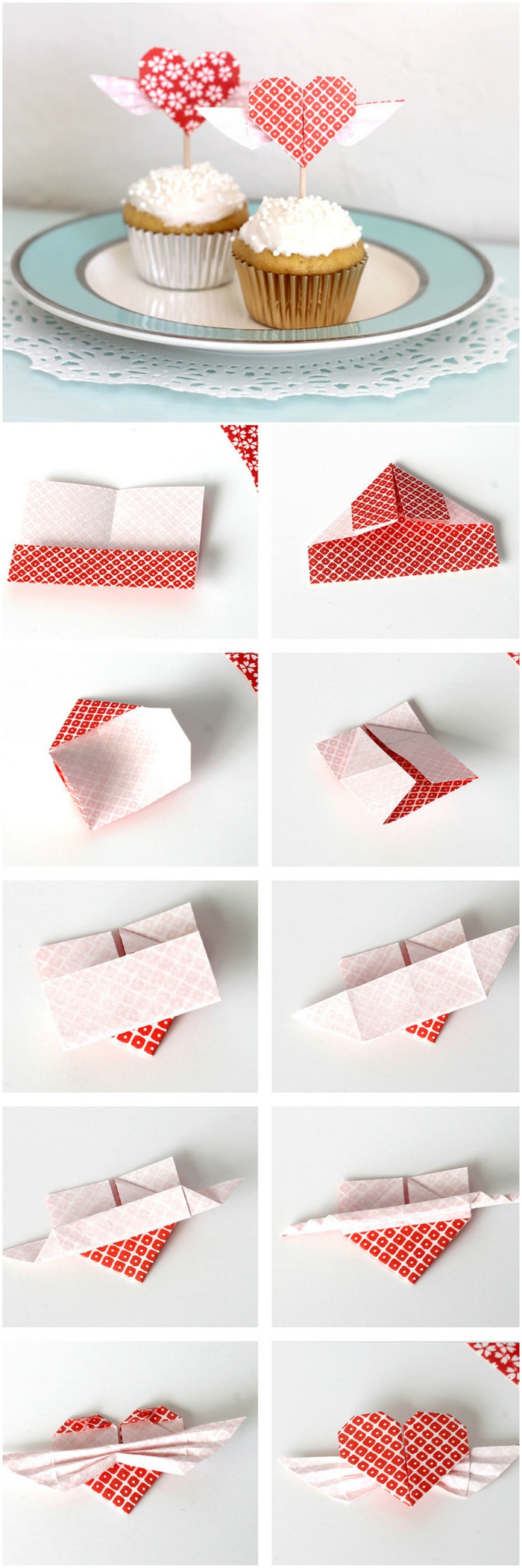 un bricolage origami facile pour la saint-valentin, comment faire des cake toppers en forme de coeurs origami