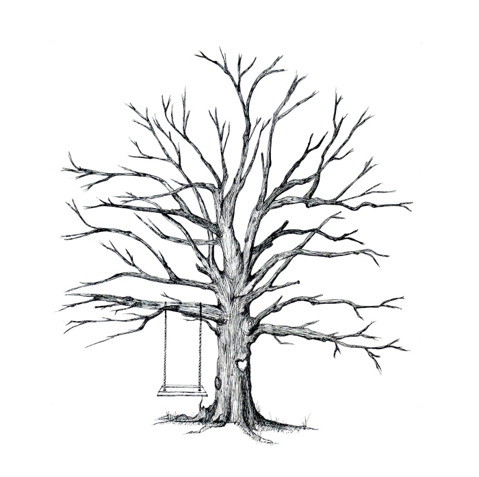 balançoire installée sur les branches d'un arbre vierge à design empreintes des invités d'un mariage