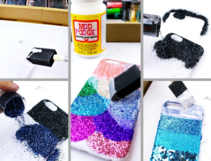 étapes à suivre pour faire une coque personnalisée à design glitter, comment décorer un portable en plusieurs couleurs glitter