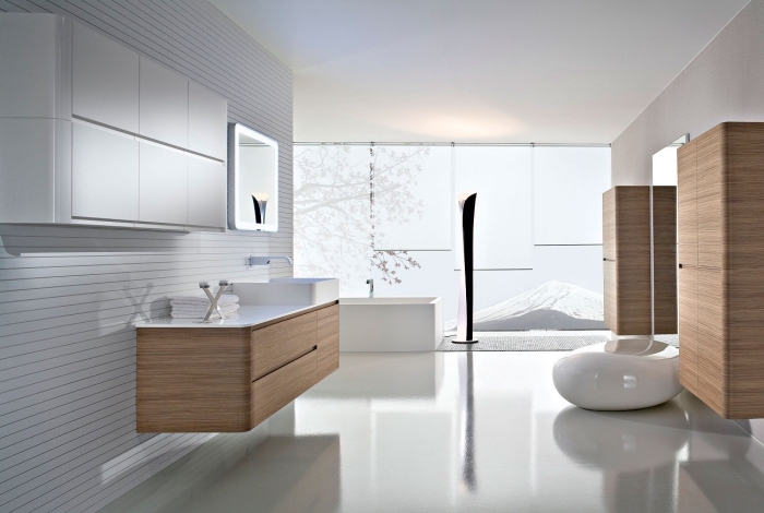 colonne salle de bain design minimaliste pièce blanche intérieur blanc et bois meubles sous vasque bois revetement mural blanc bois grande fenetre