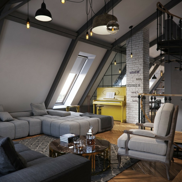 lampes suspendues style industriel, sofa modulable, fauteuil gris, piano jaune