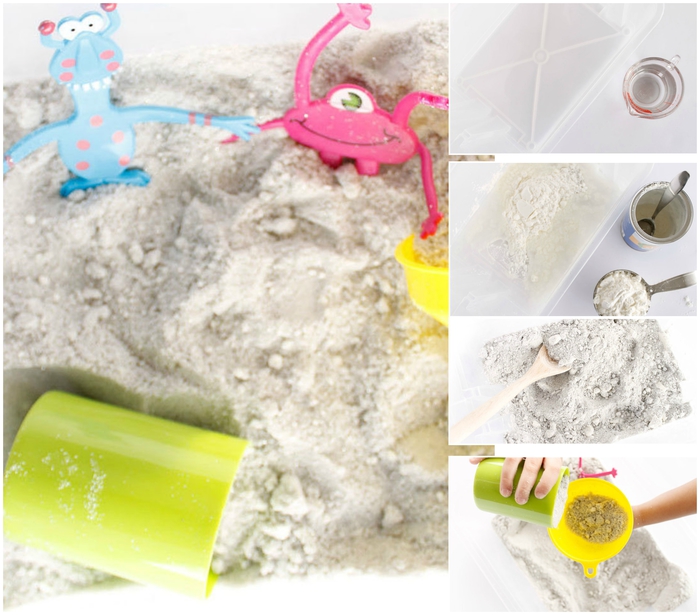 idées d'activités avec un bac sensoriel plein de sable à modeler fait maison qui est inoffensif pour la santé de l'enfant