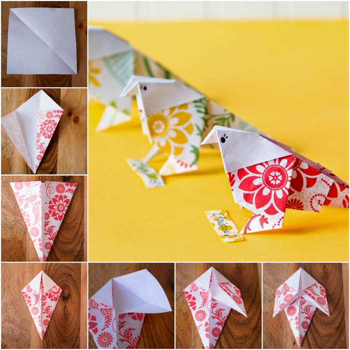un modele origami oiseau aux motifs imprimés coloré pour fêter le début du printemps, idée pour un bricolage de printemps original