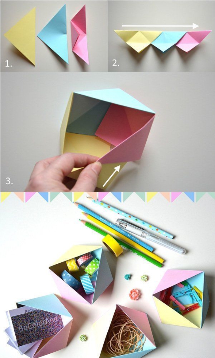 accessoires de bureau originaux réalisés en papier coloré, tuto origami rapide pour faire de petites boîtes géométriques façon vide poche