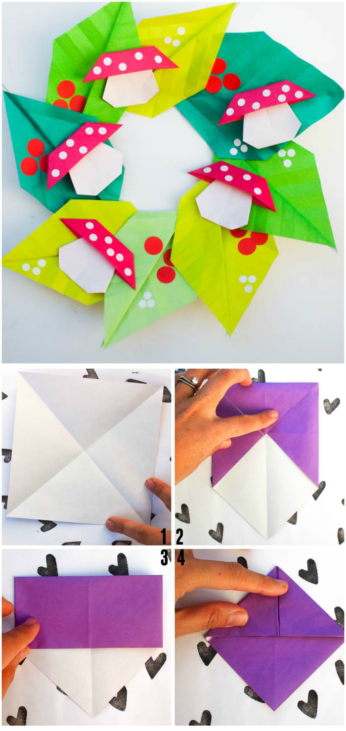 idée originale pour une activité manuelle origami enfant idéal pour le printemps, comment fair une couronne en papier composée de feuilles et de champignons origami 