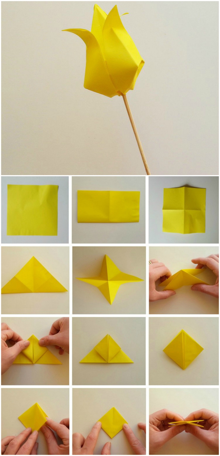le pliage papier facile d'un modèle de tulipe en origami, idée déco fleurie et féerique en origami 