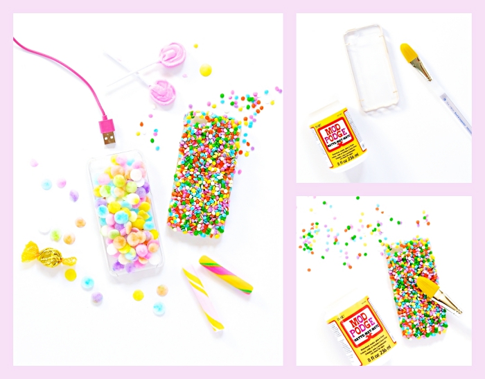 pas à suivre pour faire une coque de telephone personnalisé avec petites figurines décoratives à design sucre coloré