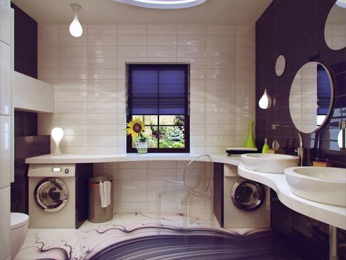 déco en ultra violet et carrelage beige pour une salle de bain moderne aux meubles blancs, fenêtre de plafond ronde