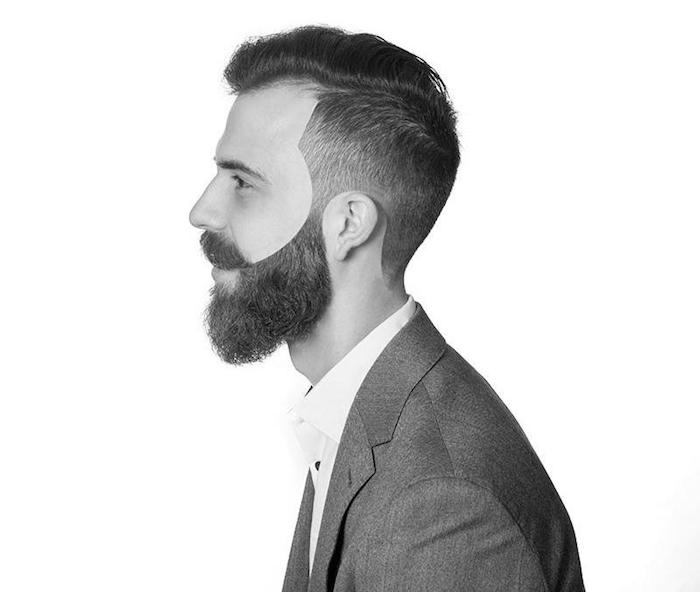 coupe hipster homme avec barbe longue bien taillée, coiffure dégradé progressif sur le coté