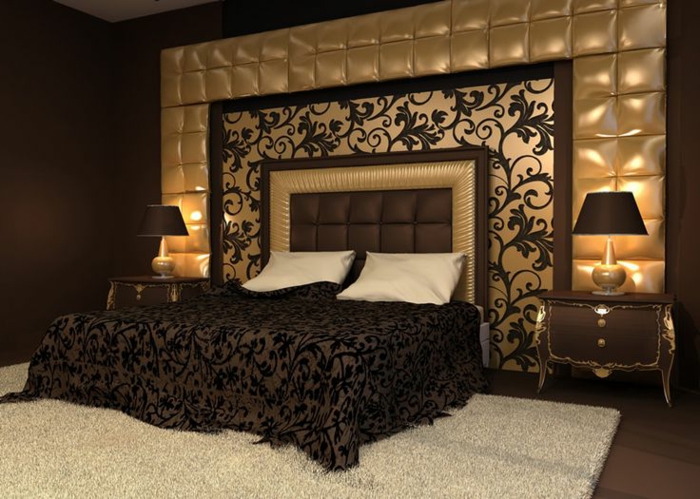 déco murale motifs végétaux, tete de lit marron et beige, panneau mural capitonné, couverture de lit motifs végétaux