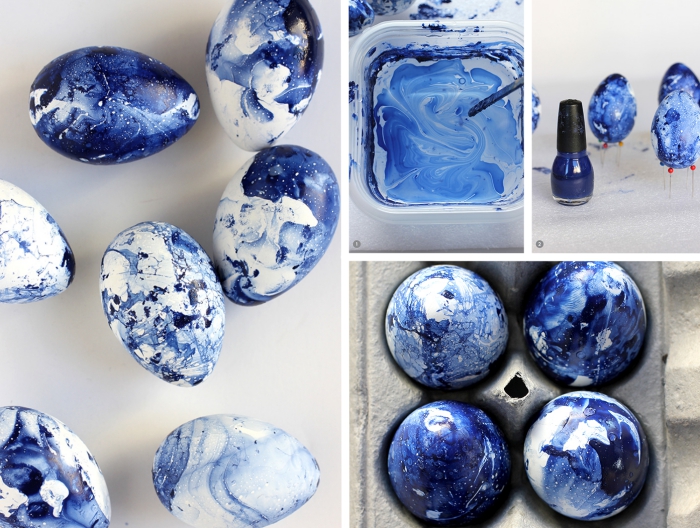 idée pour bricolage paques avec vernis à ongles de nuance indigo, comment peindre les oeufs à design marbre bleu foncé