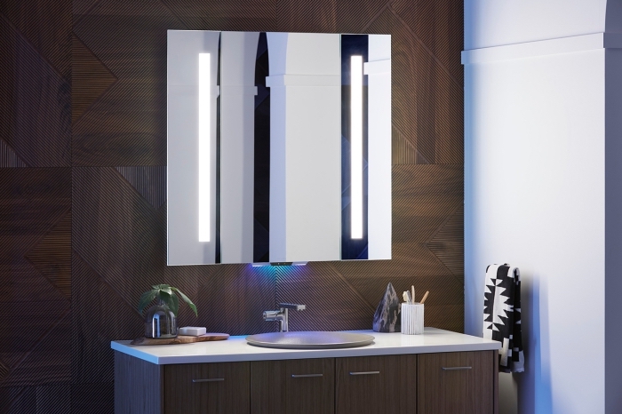 meuble de salle de bain en bois foncé avec poignées métalliques, modèle de grand miroir moderne sur mur en bois foncé