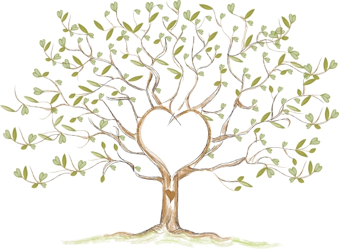 idée pour le choix d'un arbre empreinte mariage avec petites feuilles vertes et branches en forme de grand coeur symbole de l'amour des jeunes mariés