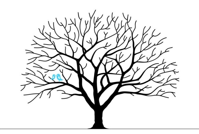 arbre a empreinte pour mariage, dessin arbre noir aux branches et sans feuillage avec oiseaux bleus symbolisant l'amour
