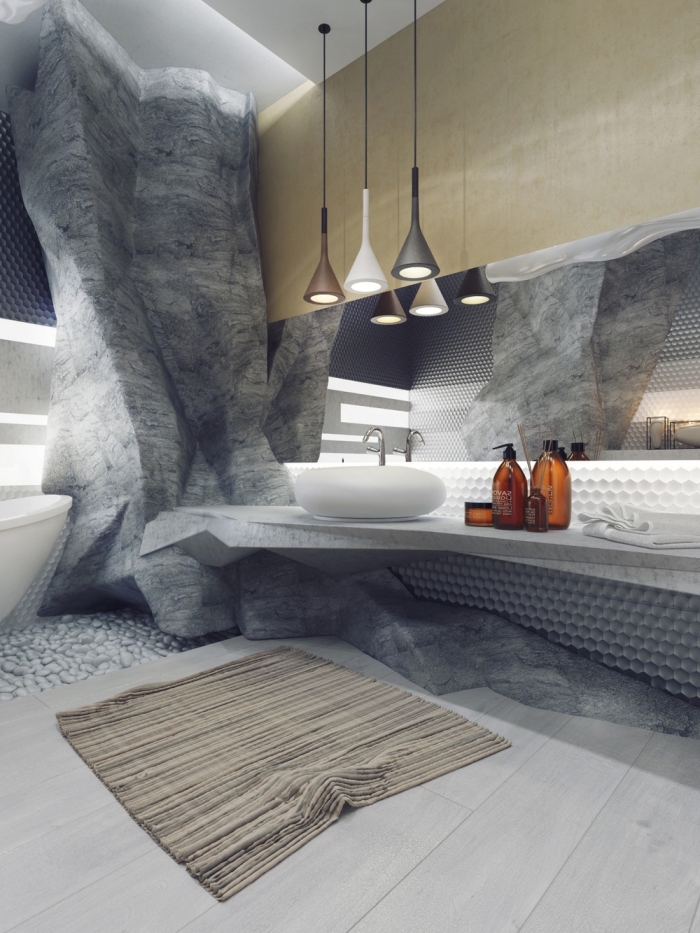 colonne salle de bain décorative à imitation rocher gris, décoration salle de bain en couleurs naturelles gris et beige