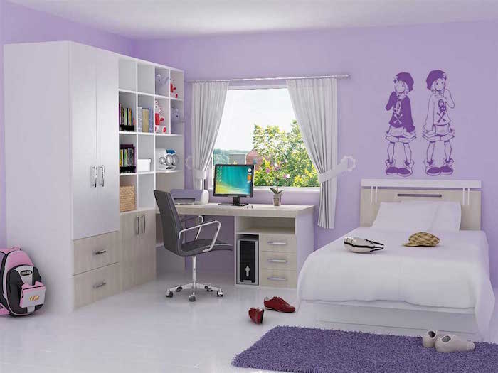 amenager chambre de fille, deco chambre enfant avec peinture mauve, tapisserie lavande et meubles blancs