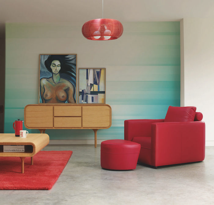 photo decoration murale design, deco salon vintage avec peinutre degradé, meubles retro design