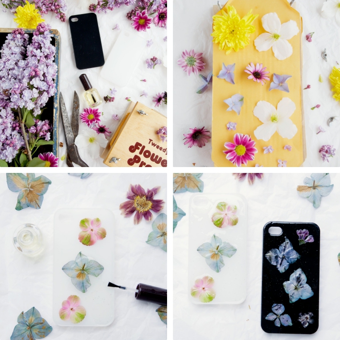 coque a personnaliser avec fleurs séchées de couleurs jaune et violet, comment décorer un portable avec vernis top coat et fleurs