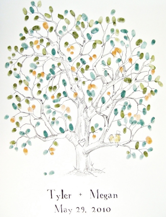 modèle d'arbre symbolisant l'amour et la famille au feuillage réalisé par des empreintes des invités au mariage