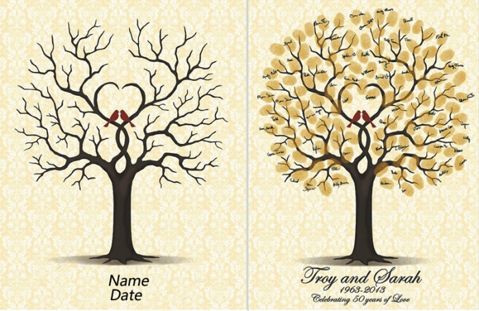 illustration avec oiseaux et arbre symbolisant le vrai amour avec la date du mariage et les prénoms des nouveaux mariés
