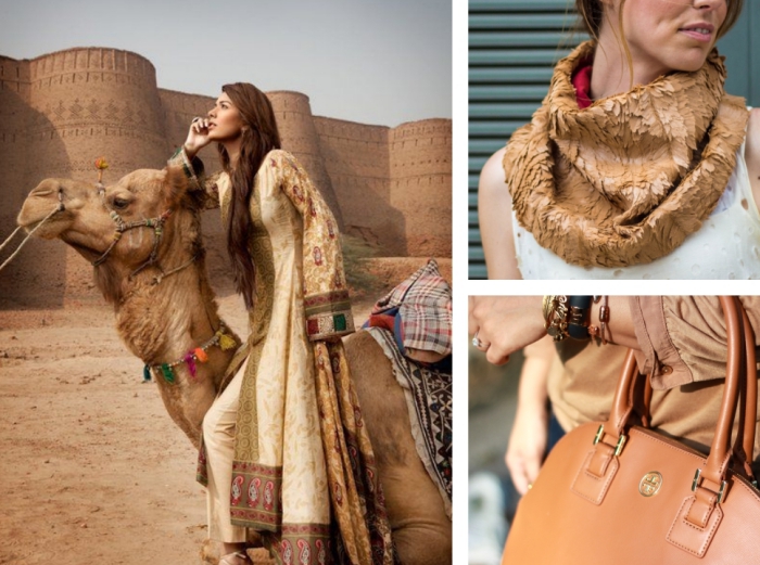 idée quels accessoires choisir pour une tenue en couleurs beige et marron, femme aux cheveux longs marron habillée en camel