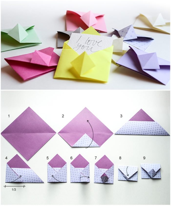 pliage papier facile d'une petite enveloppe origami en couleur vitaminée idéale pour y mettre un mot doux