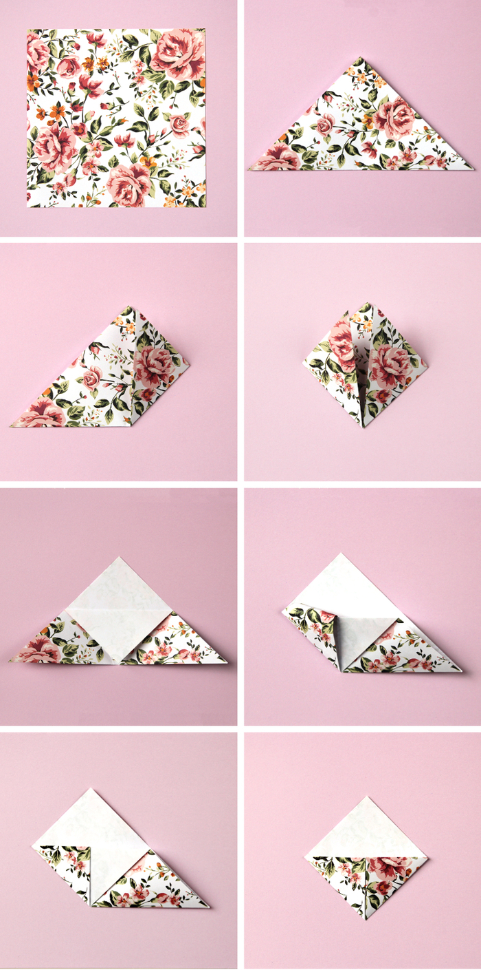 les étapes du pliage d un marque-page origami facile, réalisé en joli papier aux motifs vintage 