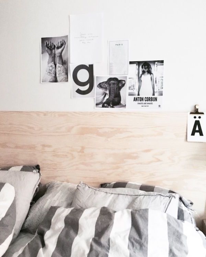 tête de lit composée d'un simple panneau de contreplaqué qui s'inscrit parfaitement dans l'ambiance épurée de la chambre, idee tete de lit en bois au design minimaliste 