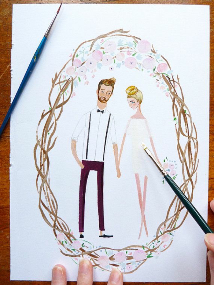 faire-part-original-mariage-couple-amoureux-dessin-beau-marié-et-belle-mariée-robe-courte Noces image pour un mariage dessin illustration mariés invitation mariage dessin personnalisé