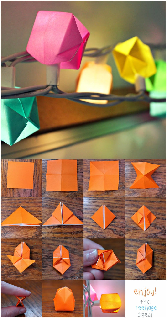 déco originale avec une guirlande lumineuse décorée de ballons en origami, tuto origami facile pour bien commencer dans l'art de pliage de papier