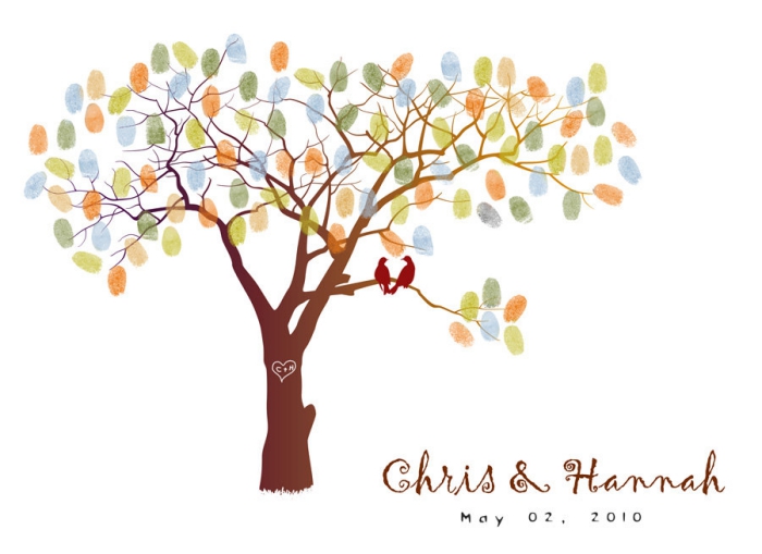 couverture pour un album photo scrapbooking à thème mariage avec dessin oiseaux et arbre au feuillage coloré