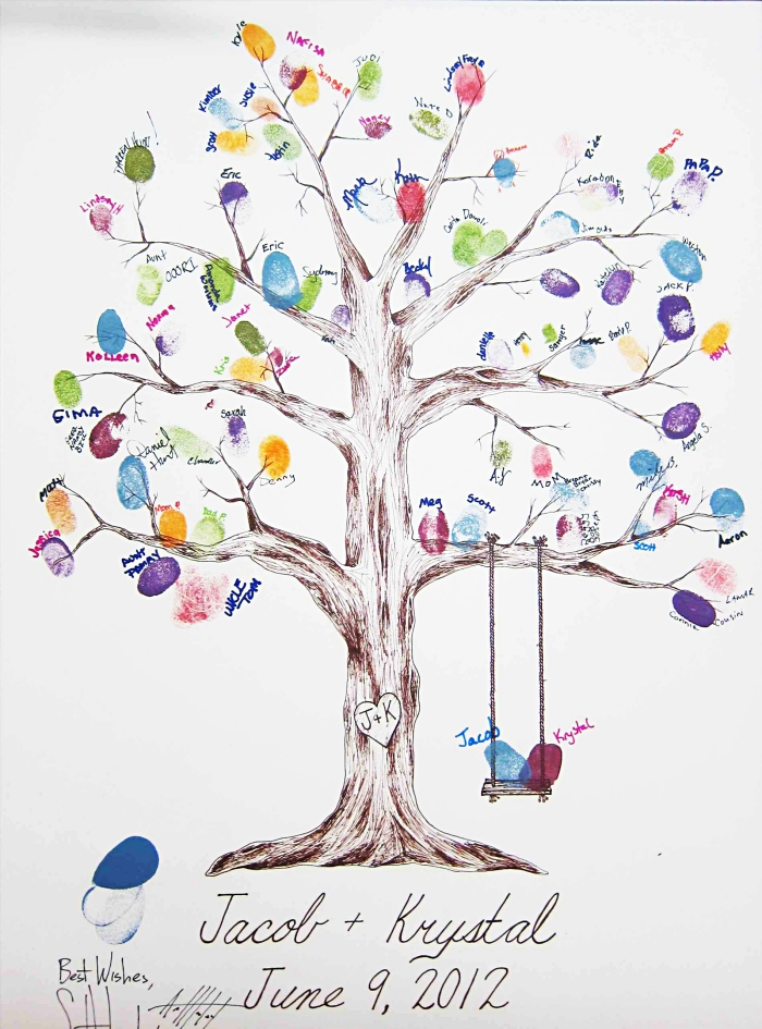 dessin en couleurs avec un balançoire et arbre au feuillage avec empreintes d'encre colorées