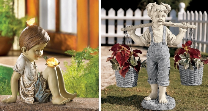 idée cadeau mamie pour le jardin, sculpture en forme de petit garçon aux vêtements dorés avec animaux lumineux