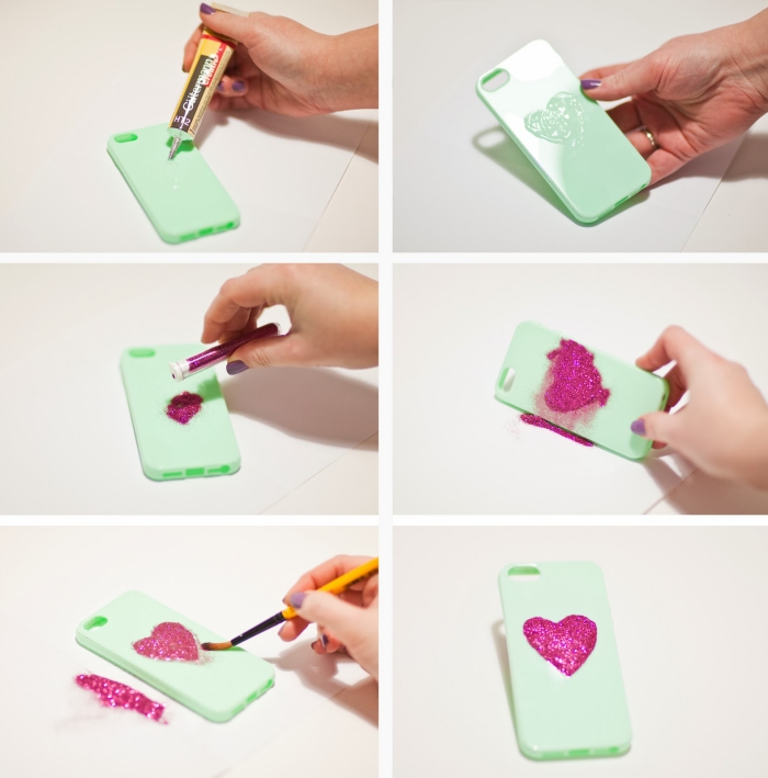 tutoriel avec les étapes à suivre pour décorer sa coque portable de couleur vert avec un coeur en glitter rose