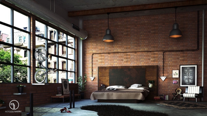 grande fenêtre industrielle dans une chambre à coucher, lampes industrielles, plafond en béton